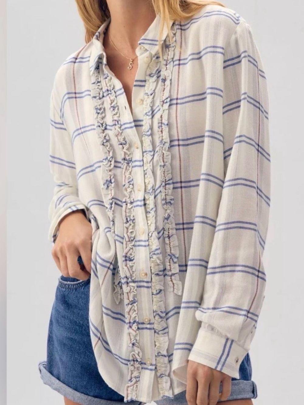 ⭐️Pilcro Tuxedo Ruffle front Plaid Button Down ⭐️ - Picture 2 of 7